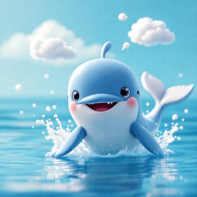The primary subject of the image is a cute, cartoon-like blue whale with a pink nose and a smile on its face. The whale is swimming in a blue ocean, surrounded by clouds in the background. The visual style of the image is digital art, giving it a vibrant and playful appearance. The colors and mood of the image are predominantly blue and cheerful, creating a fun and lighthearted atmosphere.